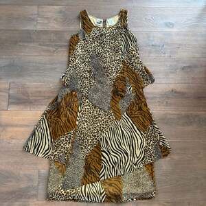 Vintage Phool Multi Animal Print Patchwork Layered Sleeveless Maxi Dress Sz Med